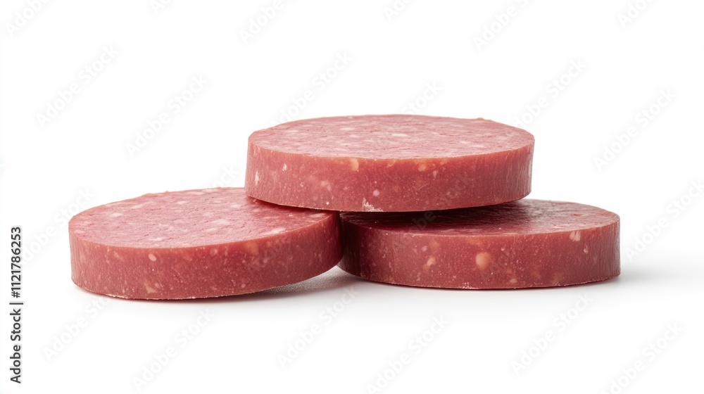 Sliced salami sausage rounds arranged in a stack isolated on a white background for food photography and culinary presentations Sliced salami sausage rounds arranged in a stack isolated on a white background for food photography and culinary presentations