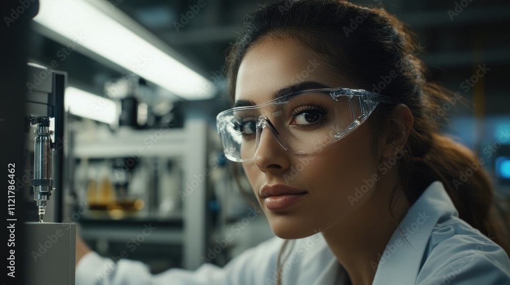 Scientist focused on cosmetic formulation in laboratory wearing protective eyewear showcasing innovation and research in beauty industry Scientist focused on cosmetic formulation in laboratory wearing protective eyewear showcasing innovation and research in beauty industry