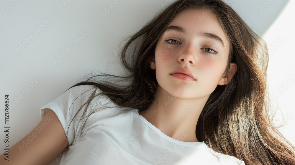 Relaxed teenage girl portrait with long hair in casual white t-shirt against bright studio background capturing youth and tranquility Relaxed teenage girl portrait with long hair in casual white t-shirt against bright studio background capturing youth and tranquility