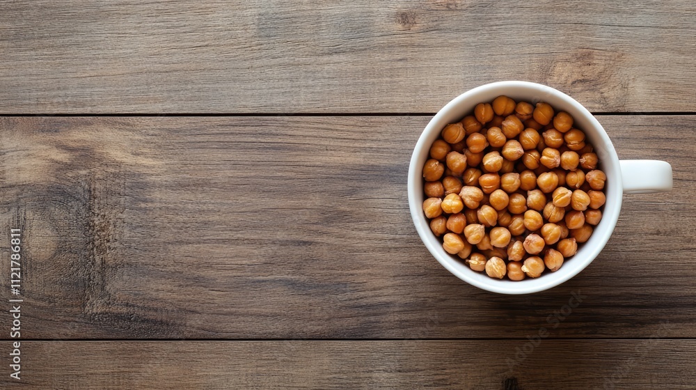 Roasted chickpeas in a white cup on a rustic wooden surface perfect for healthy snack ideas or organic food concepts Roasted chickpeas in a white cup on a rustic wooden surface perfect for healthy snack ideas or organic food concepts