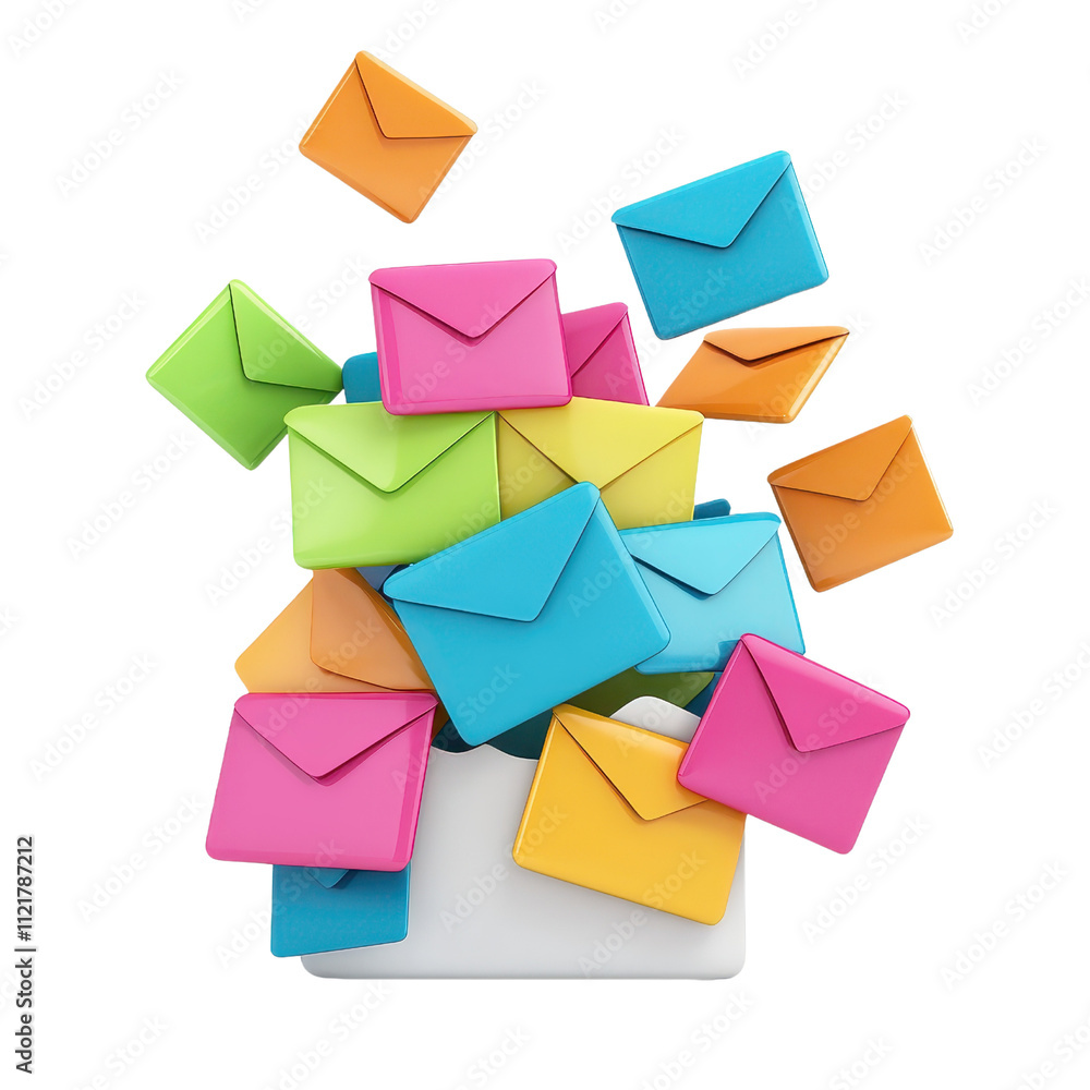 A vibrant collection of colorful envelopes emerging from a white container, symbolizing communication and correspondence. A vibrant collection of colorful envelopes emerging from a white container, symbolizing communication and correspondence.