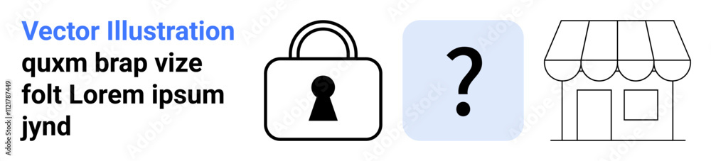 Lock icon, question mark emblem, and storefront outline in vector style. Ideal for security, uncertainty, retail, e-commerce, decision-making privacy concerns and business planning. Landing page Lock icon, question mark emblem, and storefront outline in vector style. Ideal for security, uncertainty, retail, e-commerce, decision-making privacy concerns and business planning. Landing page