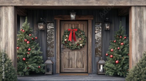 Rustic Christmas wreath decorated with vintage bells and ribbon on wooden door surrounded by lanterns and festive trees Winter holiday scene