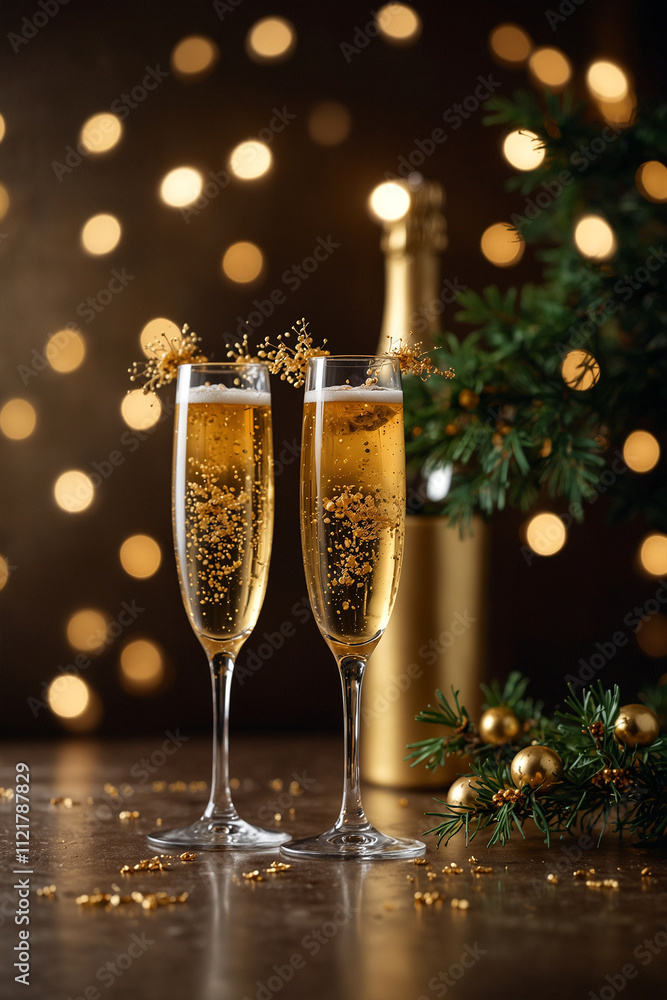 Two champagne flutes filled with sparkling wine and fruit garnishes, set against a bokeh background of warm lights and holiday greenery. Perfect for New Year's Eve or celebratory occasions. Two champagne flutes filled with sparkling wine and fruit garnishes, set against a bokeh background of warm lights and holiday greenery. Perfect for New Year's Eve or celebratory occasions.