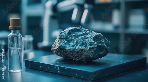 Geological rock sample on laboratory table with scientific equipment for mineral analysis and research in a chemistry lab environment