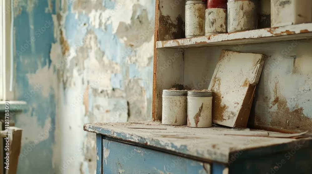 Interior of an old apartment with peeling walls and tools for home renovation and DIY repair projects during a pandemic setting Interior of an old apartment with peeling walls and tools for home renovation and DIY repair projects during a pandemic setting