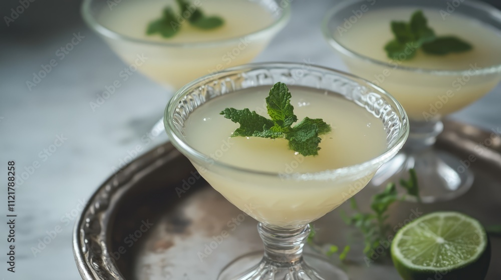 Refreshing rhubarb mint and lime mocktails served in elegant glassware garnished with fresh mint leaves and lime on a silver tray