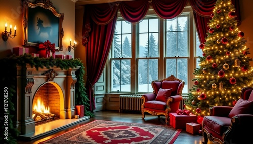 Elegant Christmas Living Room with Fireplace and Decorated Tree