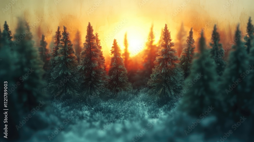 Serene sunset casting warm light over a tranquil resin pine forest silhouette in a dreamy, atmospheric landscape. Serene sunset casting warm light over a tranquil resin pine forest silhouette in a dreamy, atmospheric landscape.