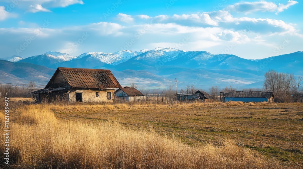 Abandoned rural houses in spring landscape with majestic mountains under a vibrant sky showcasing the beauty of nature's tranquility. Abandoned rural houses in spring landscape with majestic mountains under a vibrant sky showcasing the beauty of nature's tranquility.