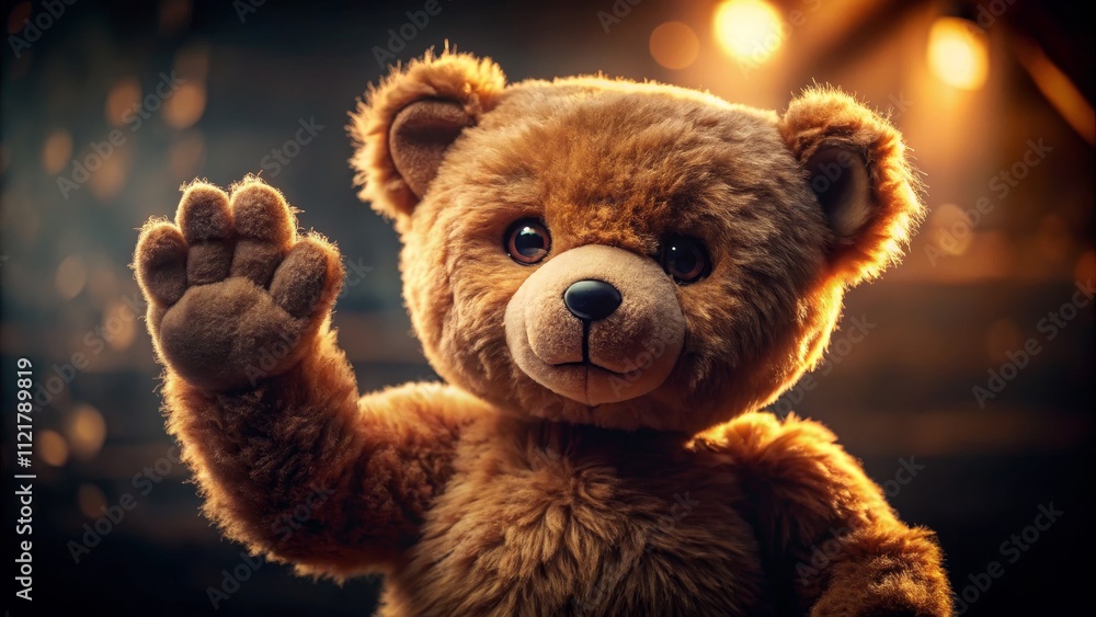 Soft focus highlights a cute plush teddy bear waving against a dark background. Soft focus highlights a cute plush teddy bear waving against a dark background.
