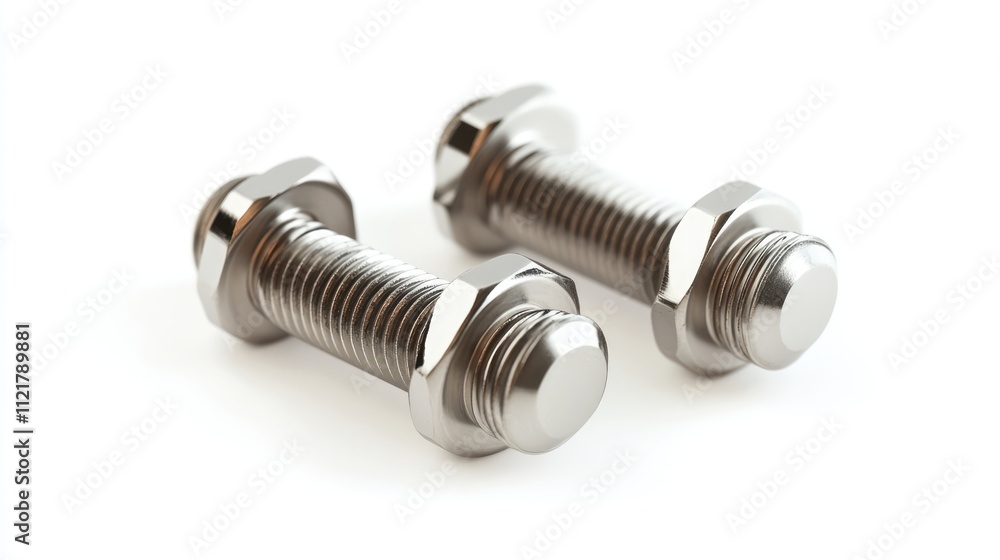 Metal screws and bolts with straddling dowels isolated on white background for industrial and construction purposes Metal screws and bolts with straddling dowels isolated on white background for industrial and construction purposes