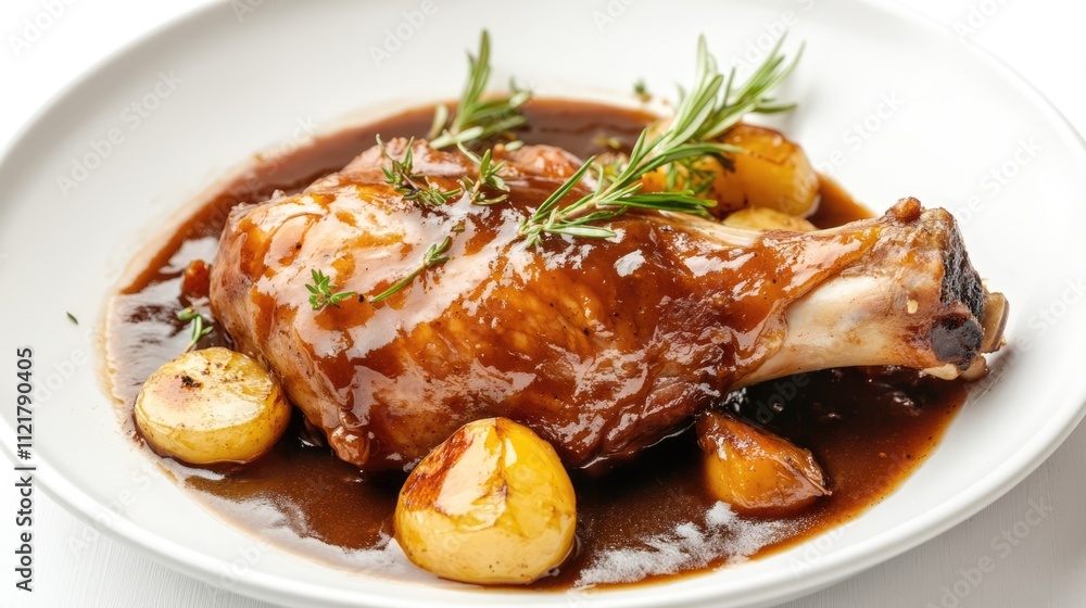 Savory stewed pork leg with sweet gravy and herbs served with golden potatoes on a white background Savory stewed pork leg with sweet gravy and herbs served with golden potatoes on a white background