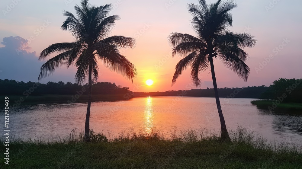 Serene sunset over a river framed by two coconut trees creating a tranquil tropical landscape scene. Serene sunset over a river framed by two coconut trees creating a tranquil tropical landscape scene.