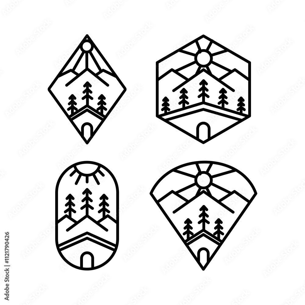 Fototapeta premium A collection of minimalist real estate and nature-themed logo designs. Featuring clean line art with elements such as mountains, pine trees, the sun, and pathways. Perfect for real estate businesses,