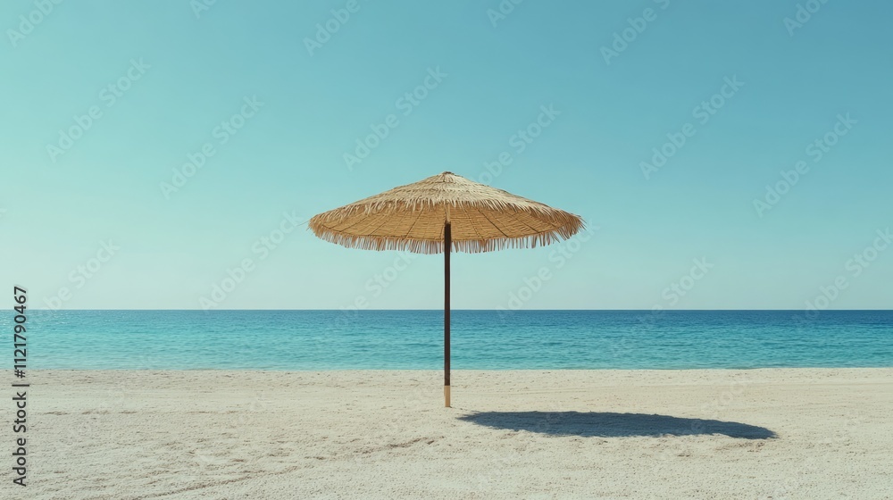 Straw beach parasol on a tranquil shoreline with calm blue ocean under clear sky perfect for summer relaxation and vacation inspirations Straw beach parasol on a tranquil shoreline with calm blue ocean under clear sky perfect for summer relaxation and vacation inspirations