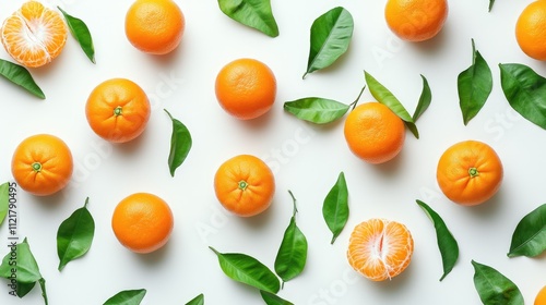 Fresh ripe tangerines and green leaves arranged aesthetically on a white background showcasing vibrant colors and natural textures.