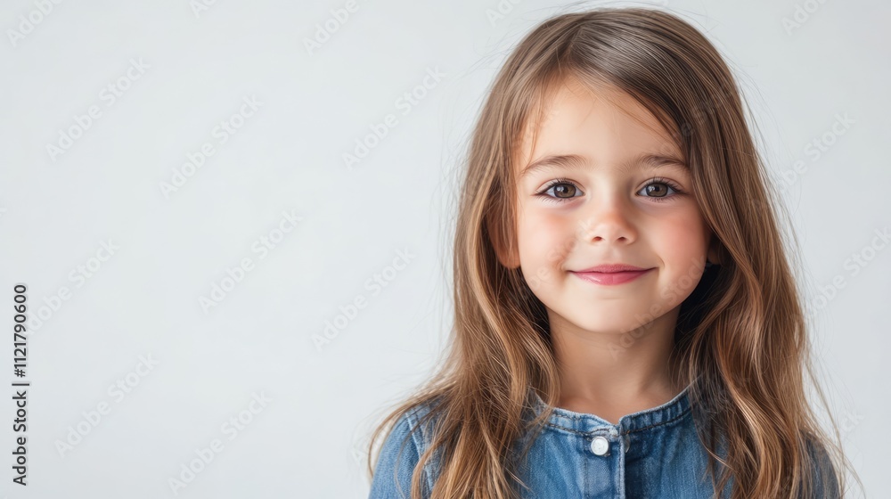 Child portrait with long hair smiling against a light background wearing a denim shirt conveying innocence and joy in a natural setting Child portrait with long hair smiling against a light background wearing a denim shirt conveying innocence and joy in a natural setting