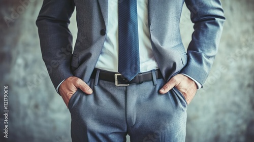 Confident businessman in a suit with hands in pockets smiling casually against a textured background photo