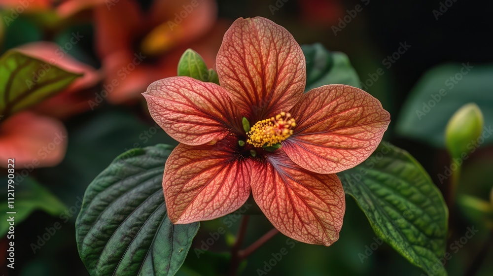 Close up of vibrant red hibiscus flower showcasing intricate petals and lush green leaves in a natural setting. Close up of vibrant red hibiscus flower showcasing intricate petals and lush green leaves in a natural setting.