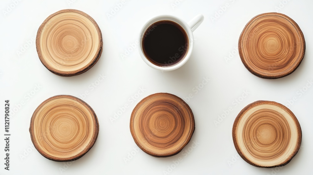 Stylish wooden coasters arranged around a cup of coffee on a minimalist white background viewed from above Stylish wooden coasters arranged around a cup of coffee on a minimalist white background viewed from above