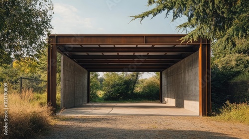 Modern outbuilding workshop with structural steel beam supports and concrete flooring suitable for garage or storage use in a serene outdoor setting