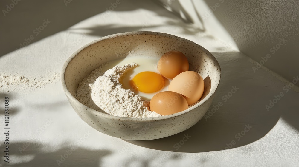 Still life composition featuring a bowl with flour eggs and milk against a soft light background showcasing culinary baking ingredients Still life composition featuring a bowl with flour eggs and milk against a soft light background showcasing culinary baking ingredients
