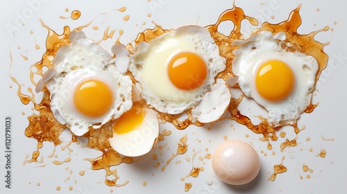 Three fried eggs with yolk and shell fragments, spilled egg white and a whole egg. photo