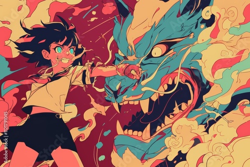 Wallpaper Mural Anime Girl Punching a Dragon's Face in Colorful Style. Vibrant Anime Illustration. Torontodigital.ca