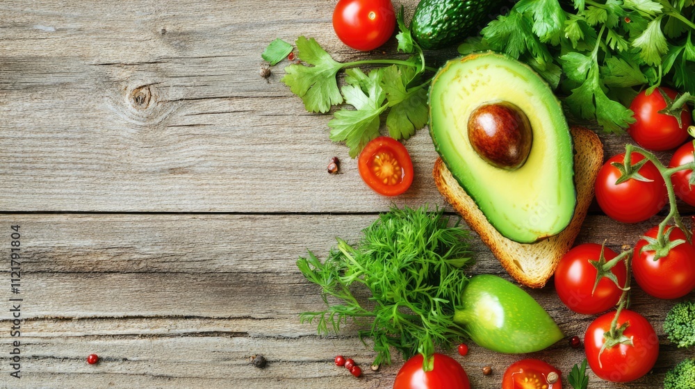 Freshly prepared avocado toast with tomatoes and herbs on a rustic wooden table showcasing vibrant ingredients for a healthy meal. Freshly prepared avocado toast with tomatoes and herbs on a rustic wooden table showcasing vibrant ingredients for a healthy meal.