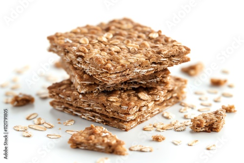 Three square oatmeal biscuits stacked on a white background with scattered oats. photo