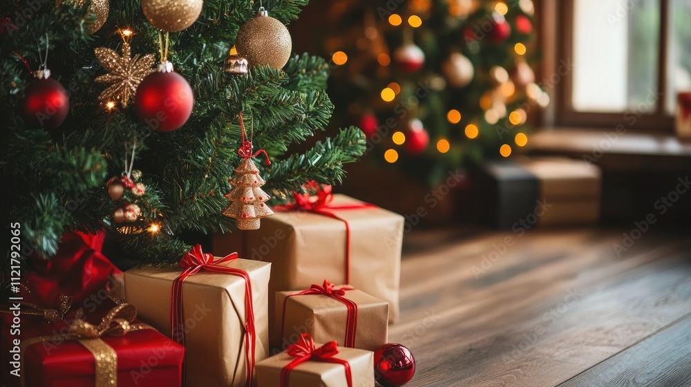 Elegant holiday living space featuring a beautifully decorated Christmas tree adorned with ornaments and wrapped gift boxes under its branches.