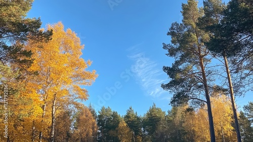 Autumn landscape featuring tall pine and vibrant maple trees under a clear blue sky in a serene Swedish forest setting.