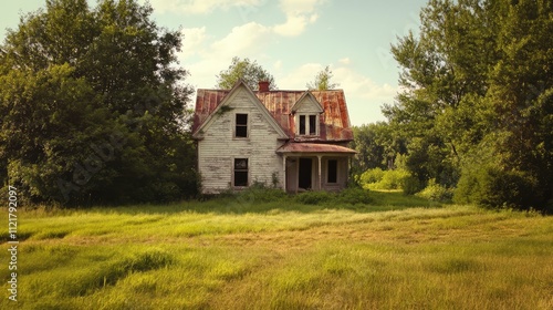 Abandoned vintage house surrounded by lush greenery under a sunny sky conveying a sense of mystery and nostalgia photo