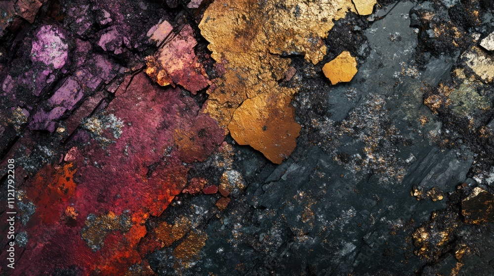 Vibrant textures of gold antimony ore showcasing mineral compositions of quartz mica garnet and sulfides with selective focus on colorful patterns Vibrant textures of gold antimony ore showcasing mineral compositions of quartz mica garnet and sulfides with selective focus on colorful patterns