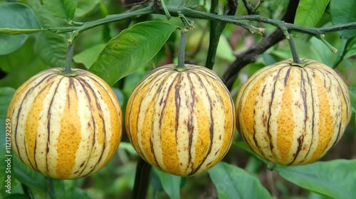 Ripe striped oranges hanging from a tree showcasing vibrant colors and fresh fruit ready for harvest in a lush garden setting photo