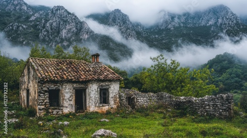 Scenic view of a dilapidated mountain house surrounded by mist and rocky peaks showcasing nature's beauty and historical architecture