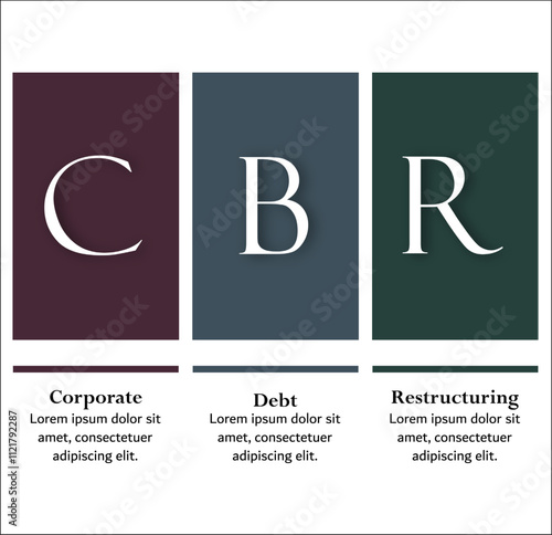 CDR - Corporate Debt Restructuring acronym. Infographic template with icons and description placeholder