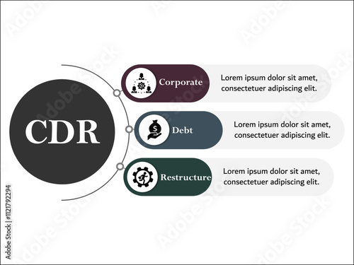 CDR - Corporate Debt Restructuring acronym. Infographic template with icons and description placeholder