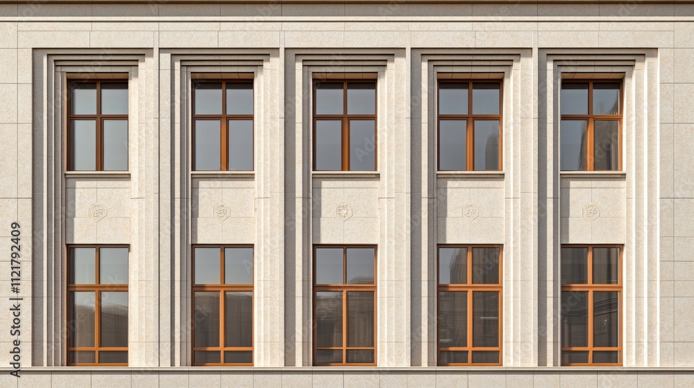 Fototapeta premium Modern building facade with symmetrical windows and elegant finishing materials representing contemporary architecture in a business center.