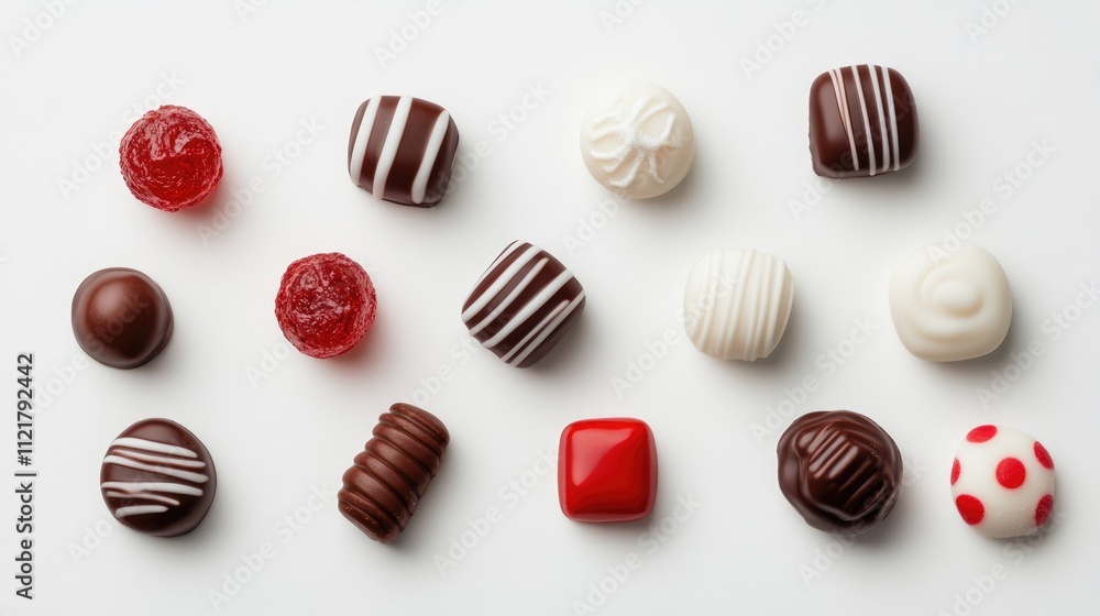 Variety of colorful candies arranged in artistic patterns on a clean white background showcasing different shapes and textures Variety of colorful candies arranged in artistic patterns on a clean white background showcasing different shapes and textures