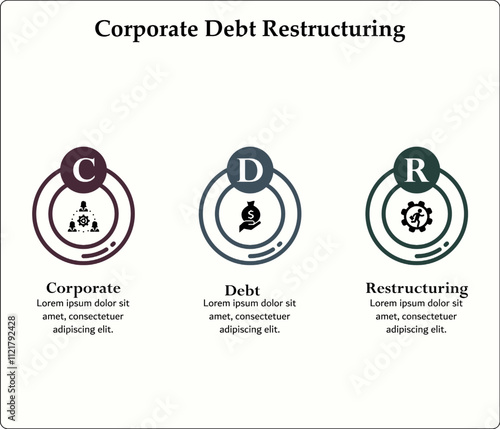 CDR - Corporate Debt Restructuring acronym. Infographic template with icons and description placeholder