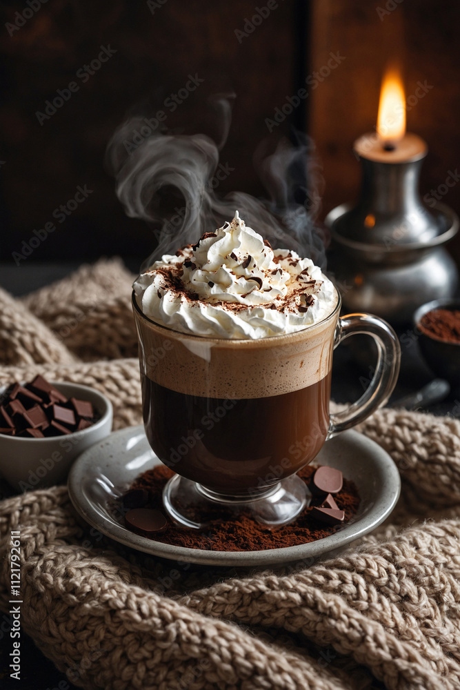 Warm, delicious hot chocolate topped with whipped cream and chocolate shavings. Cozy winter drink Warm, delicious hot chocolate topped with whipped cream and chocolate shavings. Cozy winter drink