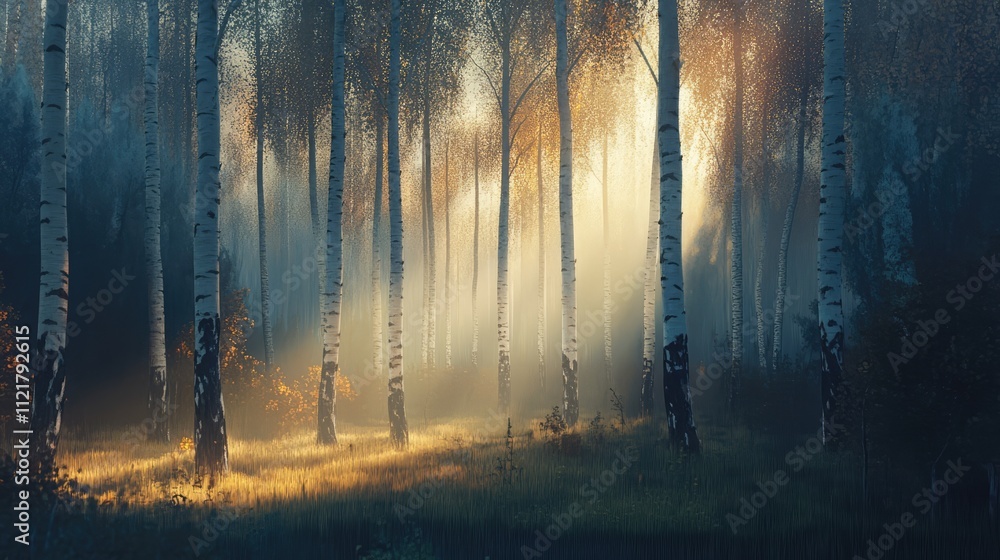 Misty morning in a serene birch forest with sunlight filtering through trees illuminating young green grass and creating enchanting shadows. Misty morning in a serene birch forest with sunlight filtering through trees illuminating young green grass and creating enchanting shadows.