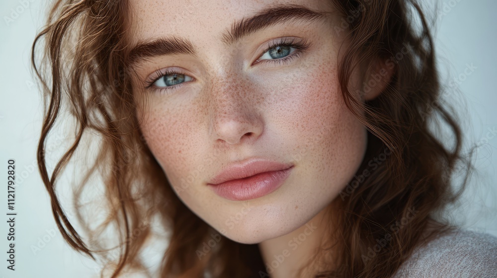 Elegant close-up portrait of a young female model with radiant skin showcasing natural beauty and skincare in a studio setting on white backdrop Elegant close-up portrait of a young female model with radiant skin showcasing natural beauty and skincare in a studio setting on white backdrop