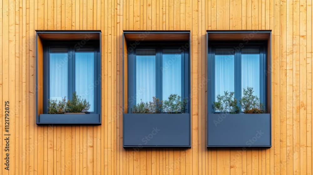 Fototapeta premium Scandinavian style residential building facade featuring modern windows with greenery in wooden exterior design