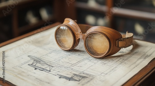 Vintage Aviator Goggles and Wright Flyer Blueprint