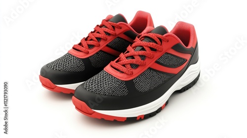 Athletic sport shoes in frontal perspective with red and black design isolated on white background photo