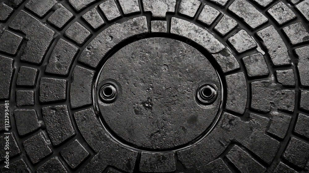 Obraz premium Manhole cover texture with distinct circular pattern and surface details for urban or industrial design concepts