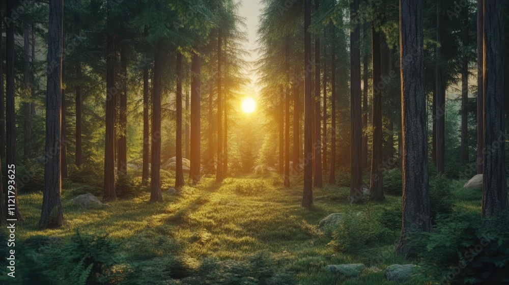 Fototapeta premium Sunlight filtering through tall trees in a serene forest setting with lush greenery and soft shadows on the ground at dusk.
